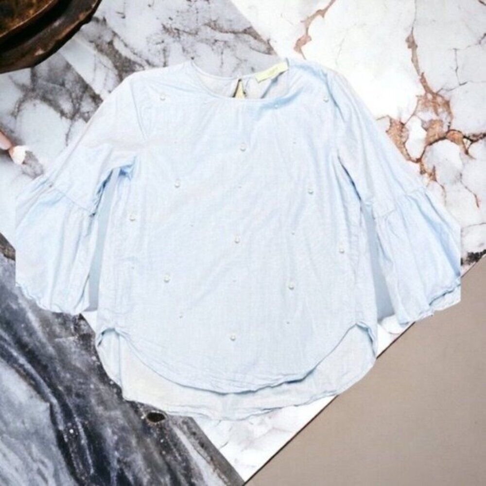 LOFT Heather Blue Cotton Pearl Embellished Blouse Size XS - Picture 3 of 14